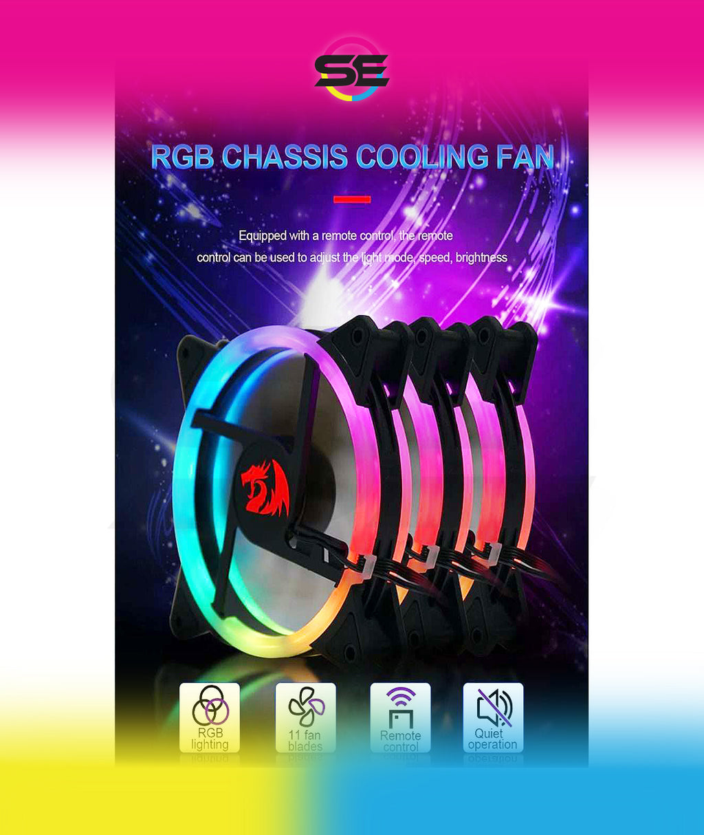 Redragon GC-F011 120mm Full-Color RGB Case Fan 3-Pack – 246 LED Modes, 11 Blades, 1200 RPM, 23.2dBA, Hydraulic Bearing, 6-in-1 Control Box, RF Remote, 8 Silicon Pads – Black