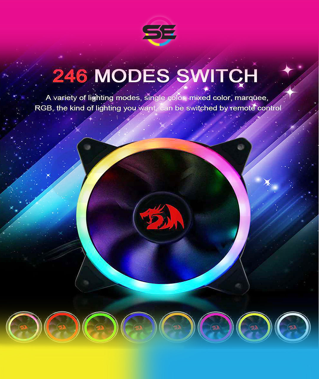 Redragon GC-F011 120mm Full-Color RGB Case Fan 3-Pack – 246 LED Modes, 11 Blades, 1200 RPM, 23.2dBA, Hydraulic Bearing, 6-in-1 Control Box, RF Remote, 8 Silicon Pads – Black