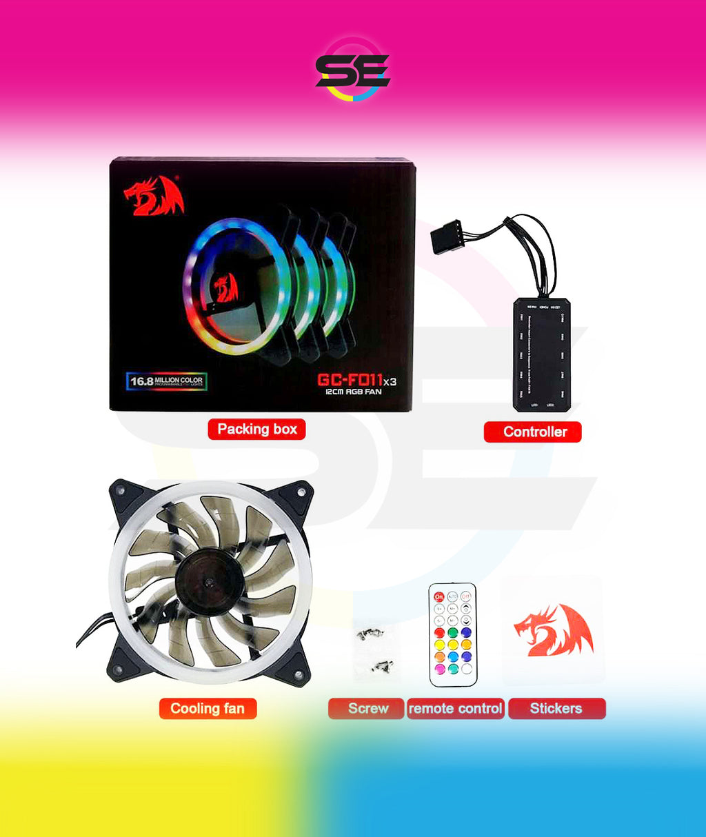 Redragon GC-F011 120mm Full-Color RGB Case Fan 3-Pack – 246 LED Modes, 11 Blades, 1200 RPM, 23.2dBA, Hydraulic Bearing, 6-in-1 Control Box, RF Remote, 8 Silicon Pads – Black
