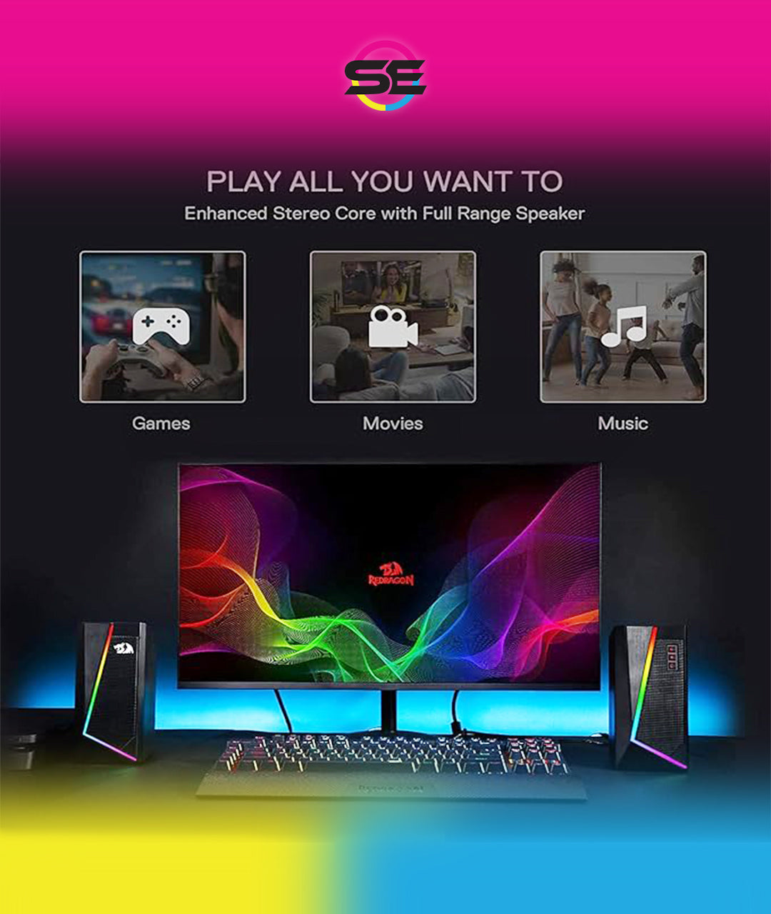 Redragon GS520 Anvil RGB Desktop Speakers – 2.0 Channel PC Stereo, 6 RGB Modes, Touch Control, Easy-Access Volume, USB Powered + 3.5mm – Black