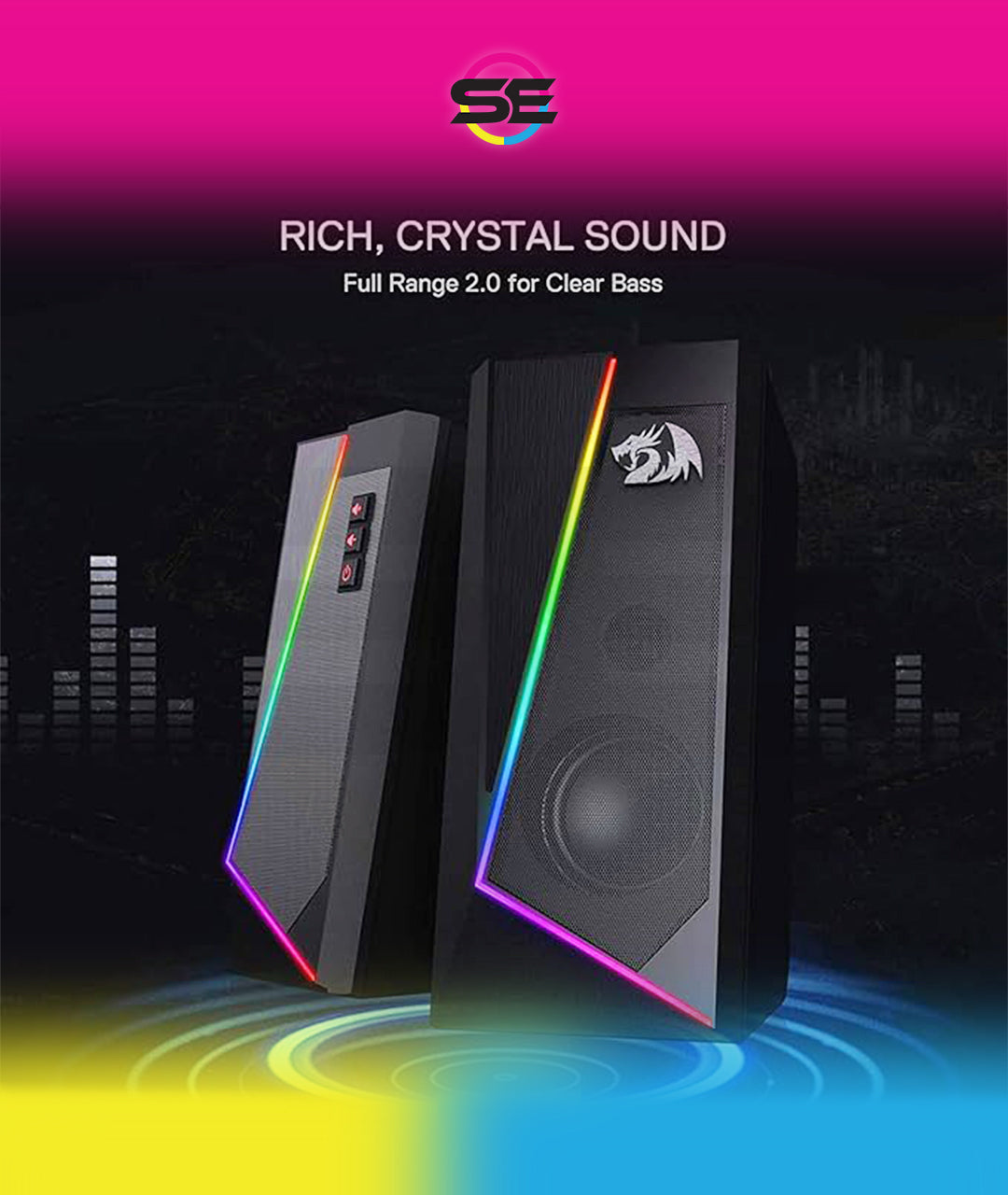 Redragon GS520 Anvil RGB Desktop Speakers – 2.0 Channel PC Stereo, 6 RGB Modes, Touch Control, Easy-Access Volume, USB Powered + 3.5mm – Black