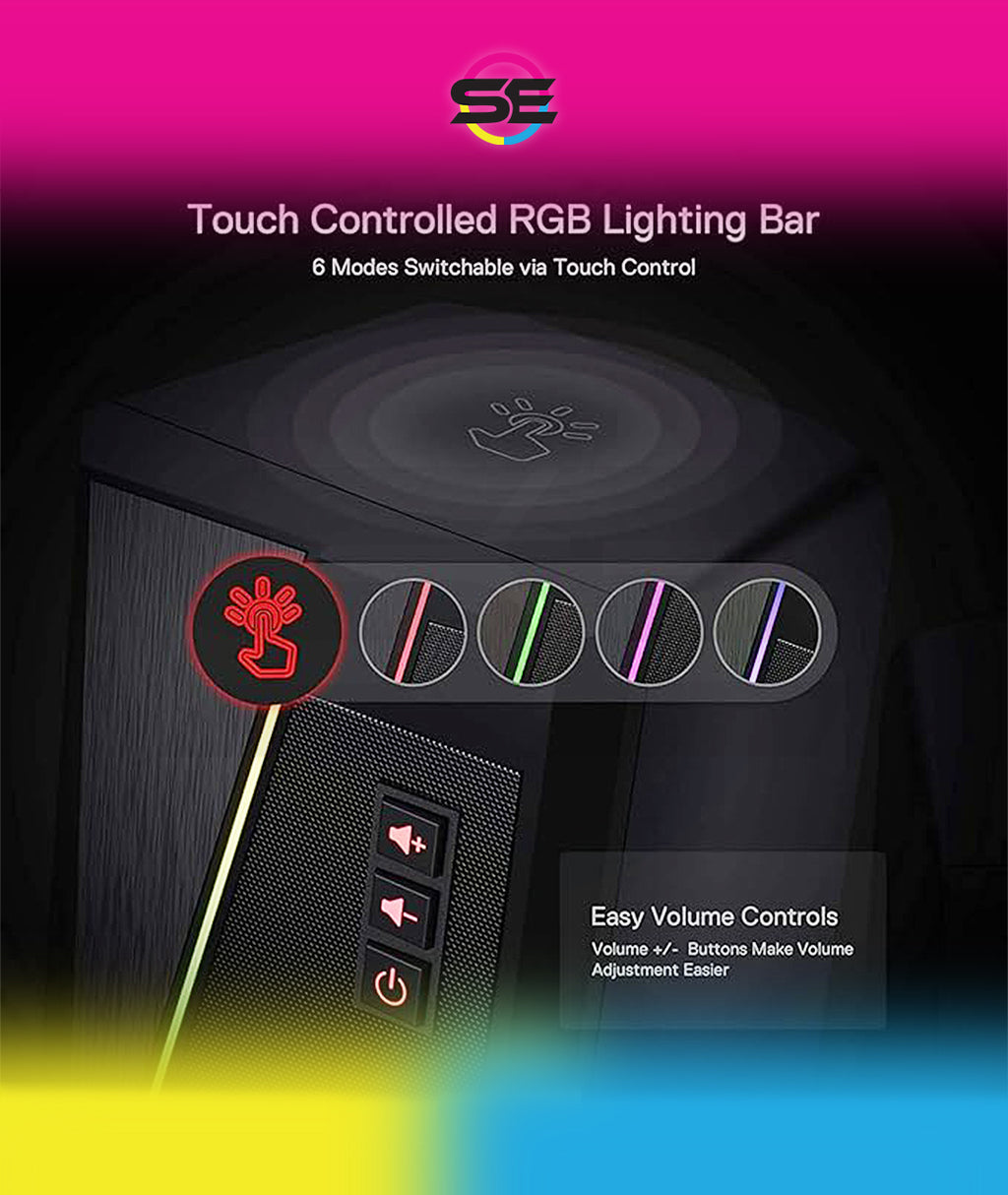 Redragon GS520 Anvil RGB Desktop Speakers – 2.0 Channel PC Stereo, 6 RGB Modes, Touch Control, Easy-Access Volume, USB Powered + 3.5mm – Black