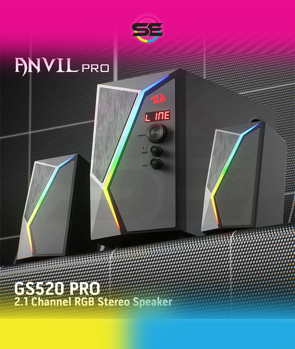 Redragon GS520 PRO Anvil 2.1 Channel RGB Gaming Speaker – 45W Hi-Fi, Bluetooth 5.0, AUX, SD Card, USB Audio, Remote Control, Bass/Treble Control, 6 RGB Modes – Black