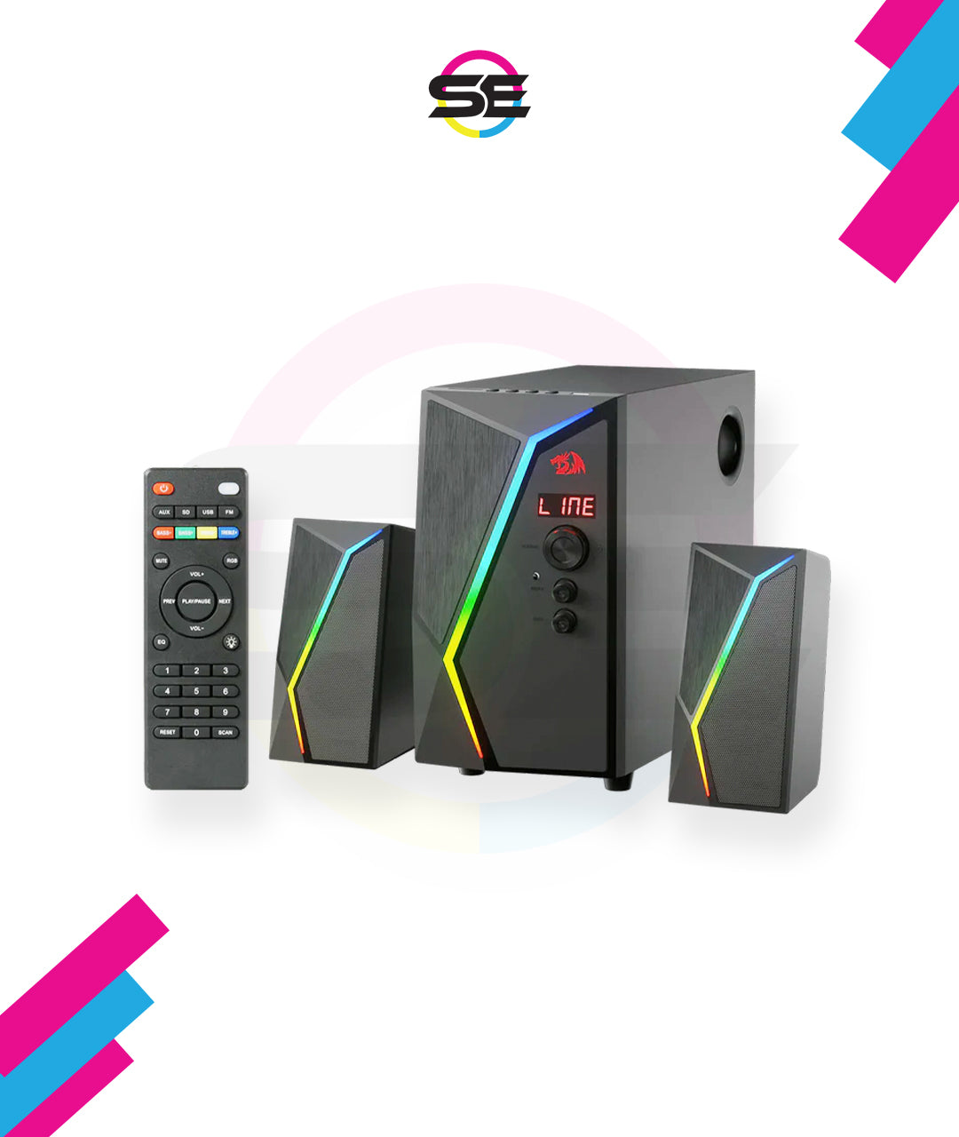 Redragon GS520 PRO Anvil 2.1 Channel RGB Gaming Speaker – 45W Hi-Fi, Bluetooth 5.0, AUX, SD Card, USB Audio, Remote Control, Bass/Treble Control, 6 RGB Modes – Black