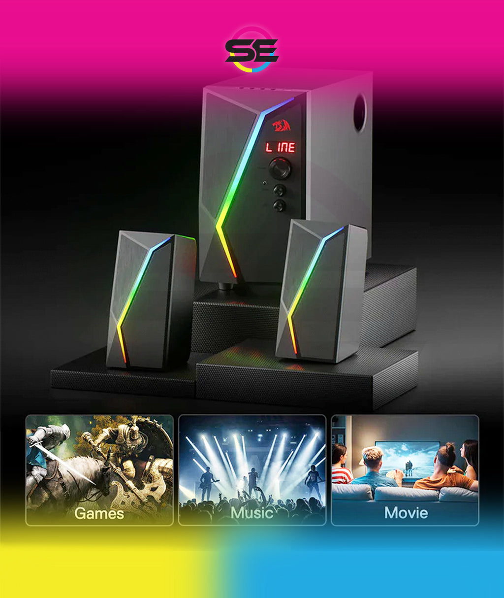 Redragon GS520 PRO Anvil 2.1 Channel RGB Gaming Speaker – 45W Hi-Fi, Bluetooth 5.0, AUX, SD Card, USB Audio, Remote Control, Bass/Treble Control, 6 RGB Modes – Black