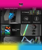 Redragon GS520 PRO Anvil 2.1 Channel RGB Gaming Speaker – 45W Hi-Fi, Bluetooth 5.0, AUX, SD Card, USB Audio, Remote Control, Bass/Treble Control, 6 RGB Modes – Black