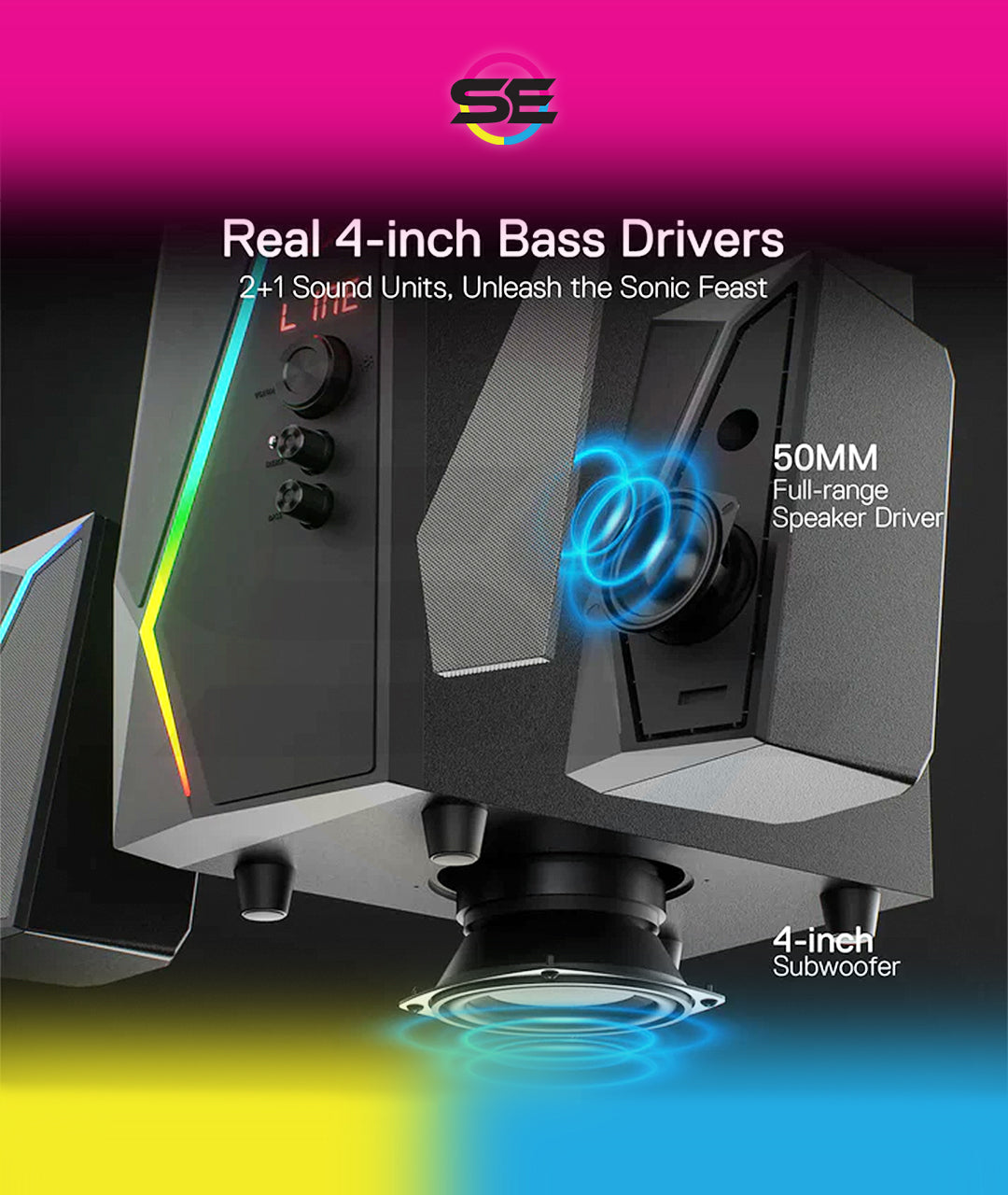 Redragon GS520 PRO Anvil 2.1 Channel RGB Gaming Speaker – 45W Hi-Fi, Bluetooth 5.0, AUX, SD Card, USB Audio, Remote Control, Bass/Treble Control, 6 RGB Modes – Black