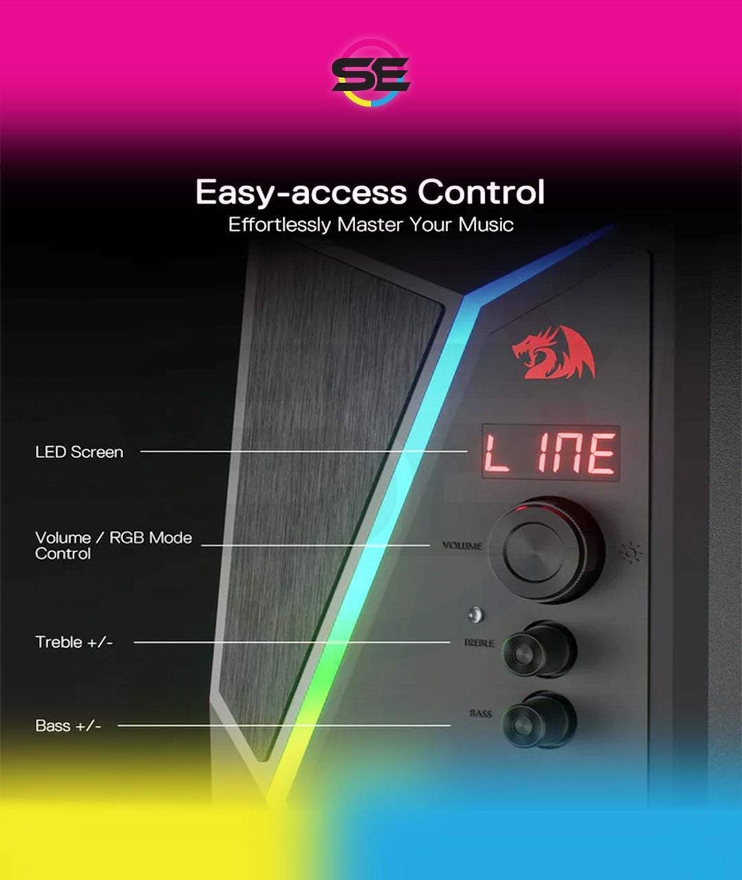 Redragon GS520 PRO Anvil 2.1 Channel RGB Gaming Speaker – 45W Hi-Fi, Bluetooth 5.0, AUX, SD Card, USB Audio, Remote Control, Bass/Treble Control, 6 RGB Modes – Black