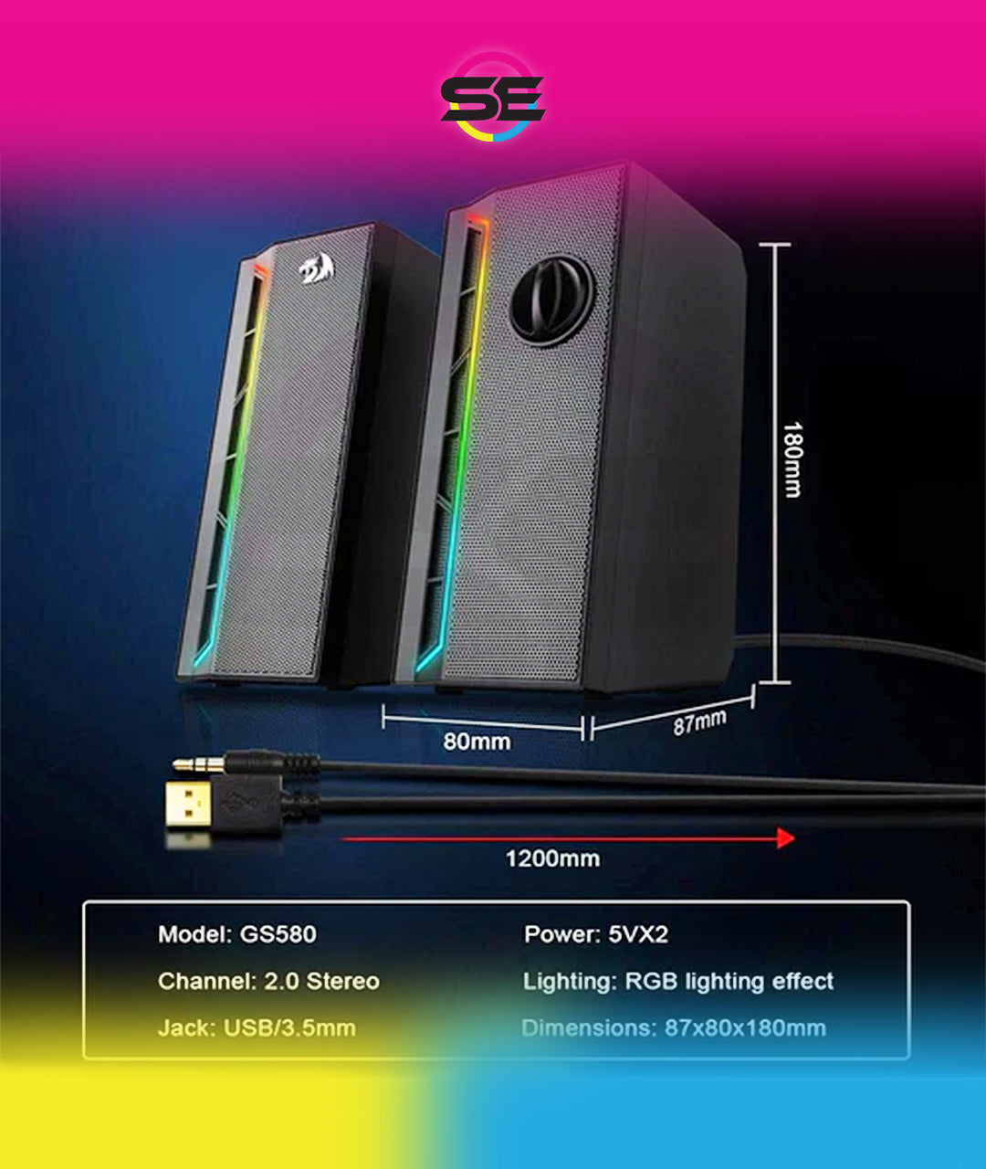Redragon GS580 Calliope RGB Gaming Desktop Speakers – 2.0 Channel Stereo, 5Wx2, Independent Volume Knob, USB Powered + 3.5mm AUX – Black