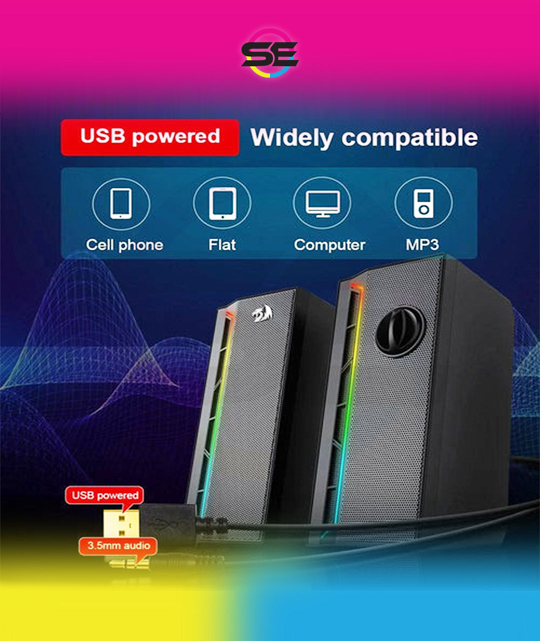 Redragon GS580 Calliope RGB Gaming Desktop Speakers – 2.0 Channel Stereo, 5Wx2, Independent Volume Knob, USB Powered + 3.5mm AUX – Black
