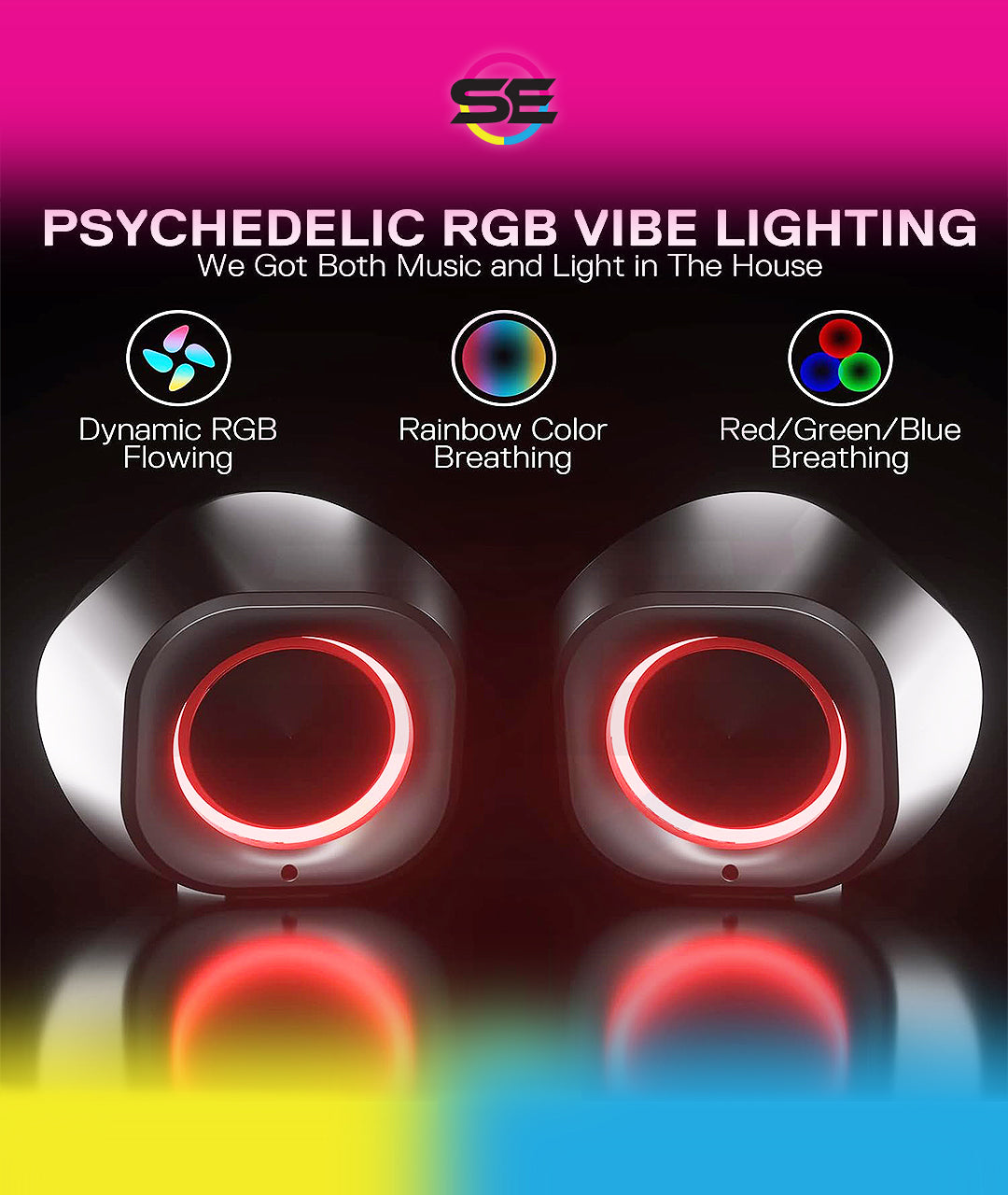 Redragon GS590 Wireless RGB Desktop Speakers – 2.0 Channel Stereo, 3Wx2, 2.25" Drivers, BT5.0/AUX/USB, In-Line Control Box, Dynamic Ambient RGB Backlight – Black