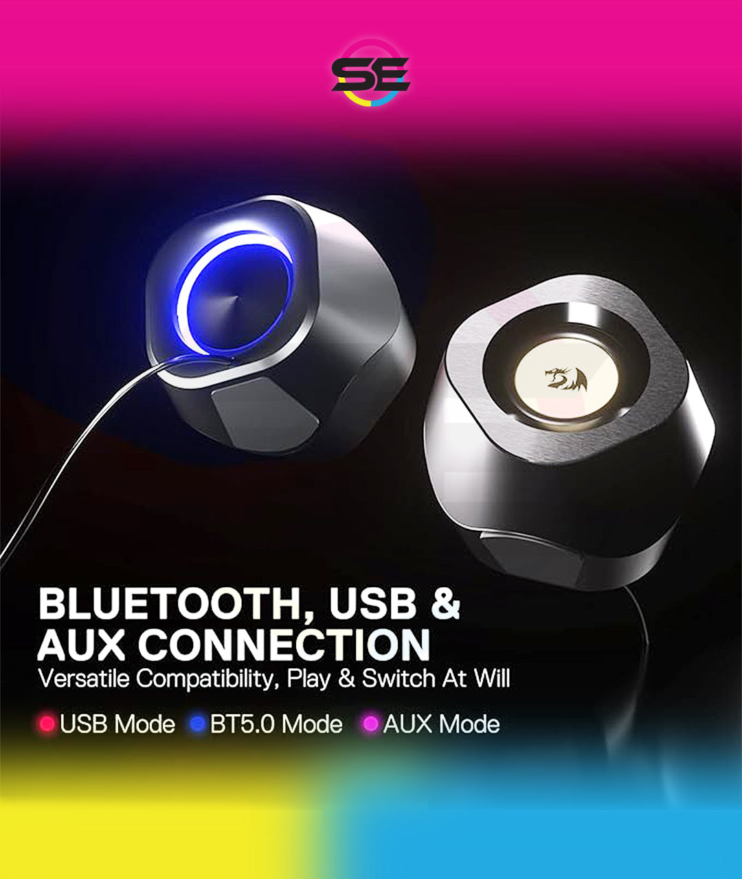 Redragon GS590 Wireless RGB Desktop Speakers – 2.0 Channel Stereo, 3Wx2, 2.25" Drivers, BT5.0/AUX/USB, In-Line Control Box, Dynamic Ambient RGB Backlight – Black