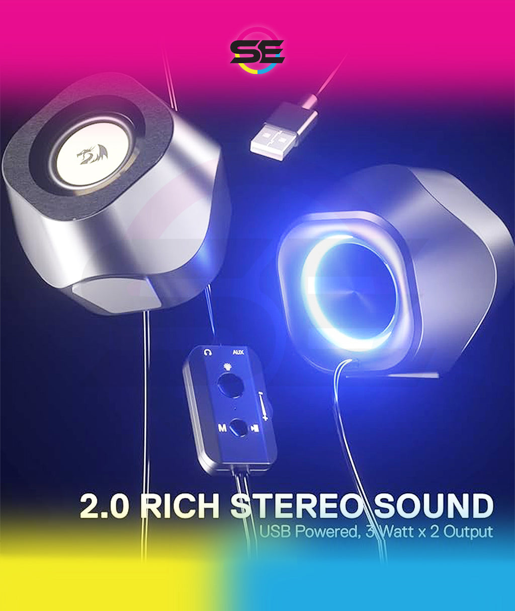 Redragon GS590 Wireless RGB Desktop Speakers – 2.0 Channel Stereo, 3Wx2, 2.25" Drivers, BT5.0/AUX/USB, In-Line Control Box, Dynamic Ambient RGB Backlight – Black