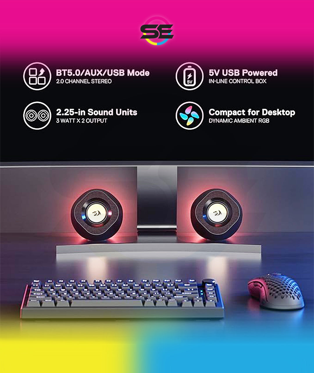 Redragon GS590 Wireless RGB Desktop Speakers – 2.0 Channel Stereo, 3Wx2, 2.25" Drivers, BT5.0/AUX/USB, In-Line Control Box, Dynamic Ambient RGB Backlight – Black