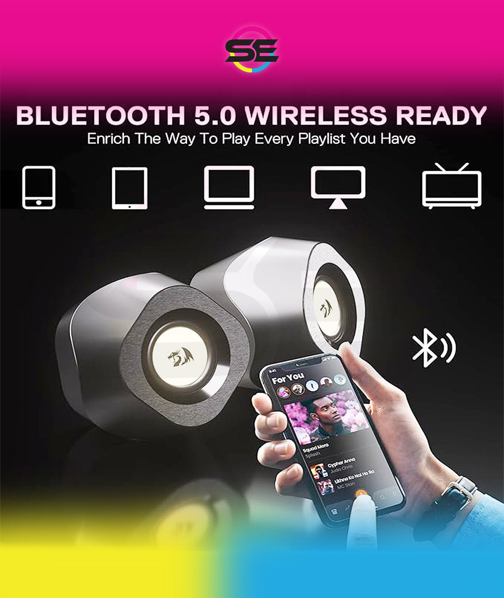 Redragon GS590 Wireless RGB Desktop Speakers – 2.0 Channel Stereo, 3Wx2, 2.25" Drivers, BT5.0/AUX/USB, In-Line Control Box, Dynamic Ambient RGB Backlight – Black