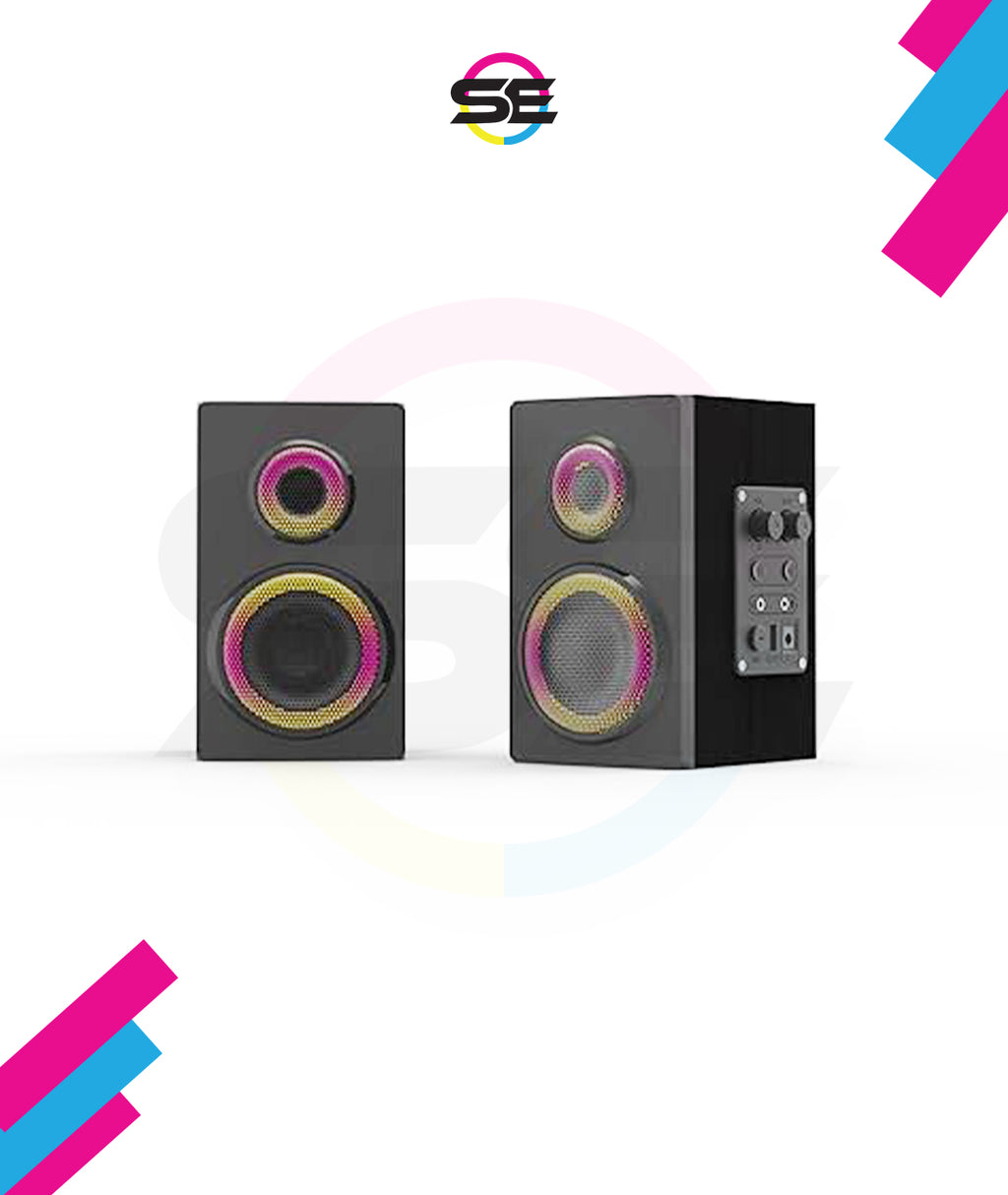 Redragon GS811 Orchestra 2.0 Bluetooth RGB Computer Speaker – Dual RGB Ring Drivers, Wooden Enclosure, Volume & Bass Control, AUX + USB + BT – Black