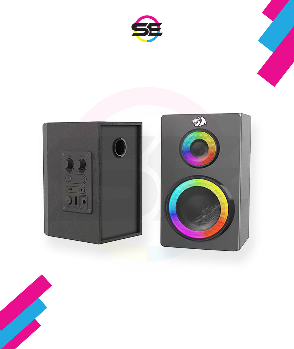 Redragon GS811 Orchestra 2.0 Bluetooth RGB Computer Speaker – Dual RGB Ring Drivers, Wooden Enclosure, Volume & Bass Control, AUX + USB + BT – Black