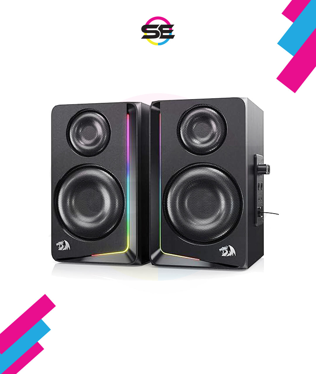 Redragon GS812 Wireless RGB Wooden Bookshelf Speakers – 2.0 Channel, 10W, 4x 3" Bass Drivers, BT5.0/AUX, Volume & Bass Knob, Headset & Mic Jacks, Dynamic RGB Bar – Black