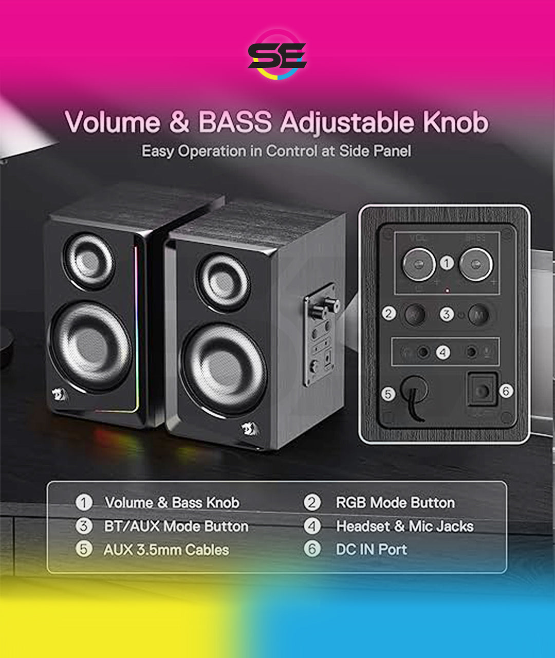 Redragon GS812 Wireless RGB Wooden Bookshelf Speakers – 2.0 Channel, 10W, 4x 3" Bass Drivers, BT5.0/AUX, Volume & Bass Knob, Headset & Mic Jacks, Dynamic RGB Bar – Black
