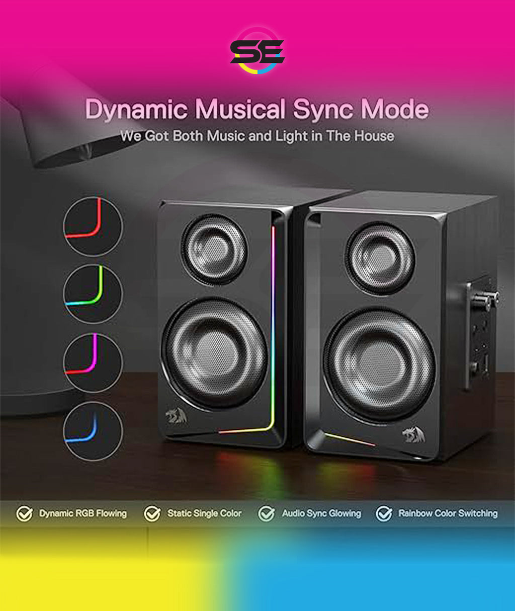 Redragon GS812 Wireless RGB Wooden Bookshelf Speakers – 2.0 Channel, 10W, 4x 3" Bass Drivers, BT5.0/AUX, Volume & Bass Knob, Headset & Mic Jacks, Dynamic RGB Bar – Black