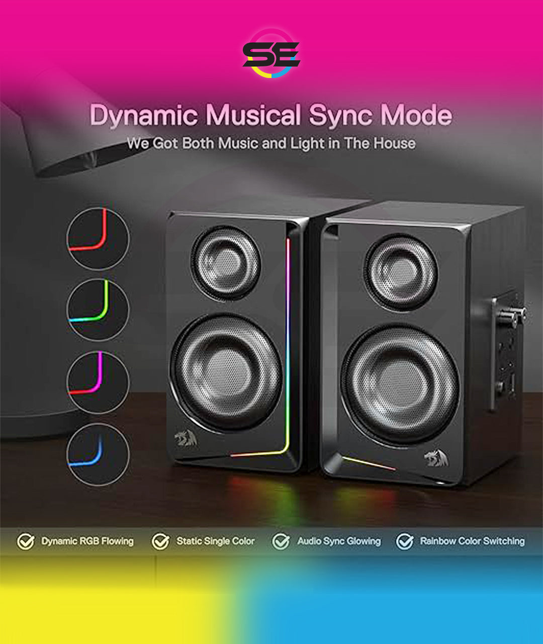 Redragon GS812 Wireless RGB Wooden Bookshelf Speakers – 2.0 Channel, 10W, 4x 3" Bass Drivers, BT5.0/AUX, Volume & Bass Knob, Headset & Mic Jacks, Dynamic RGB Bar – Black