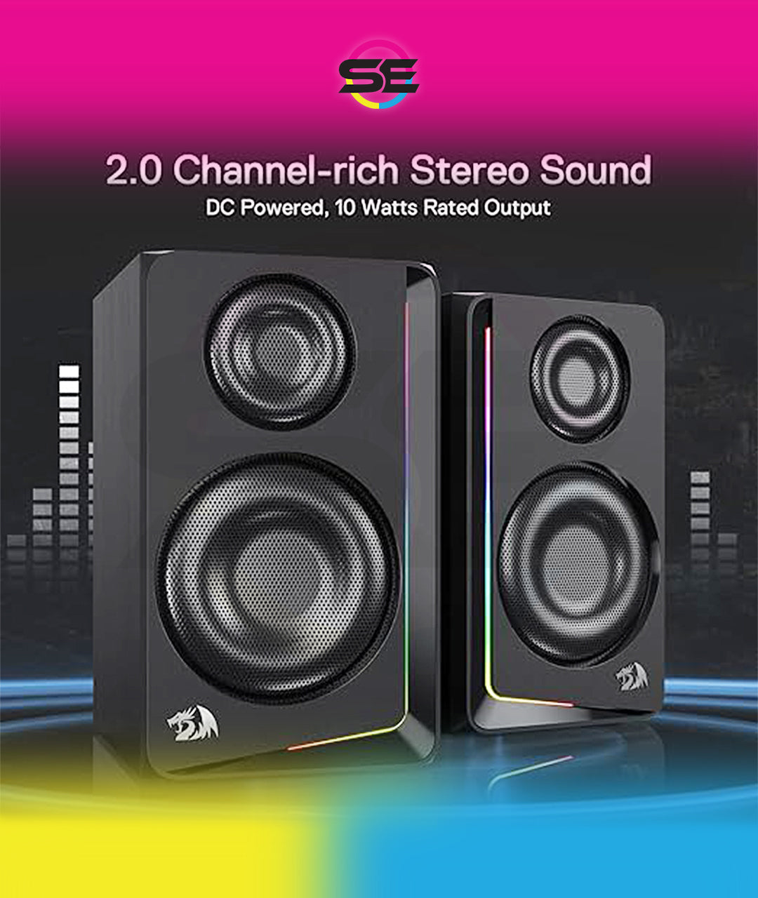 Redragon GS812 Wireless RGB Wooden Bookshelf Speakers – 2.0 Channel, 10W, 4x 3" Bass Drivers, BT5.0/AUX, Volume & Bass Knob, Headset & Mic Jacks, Dynamic RGB Bar – Black