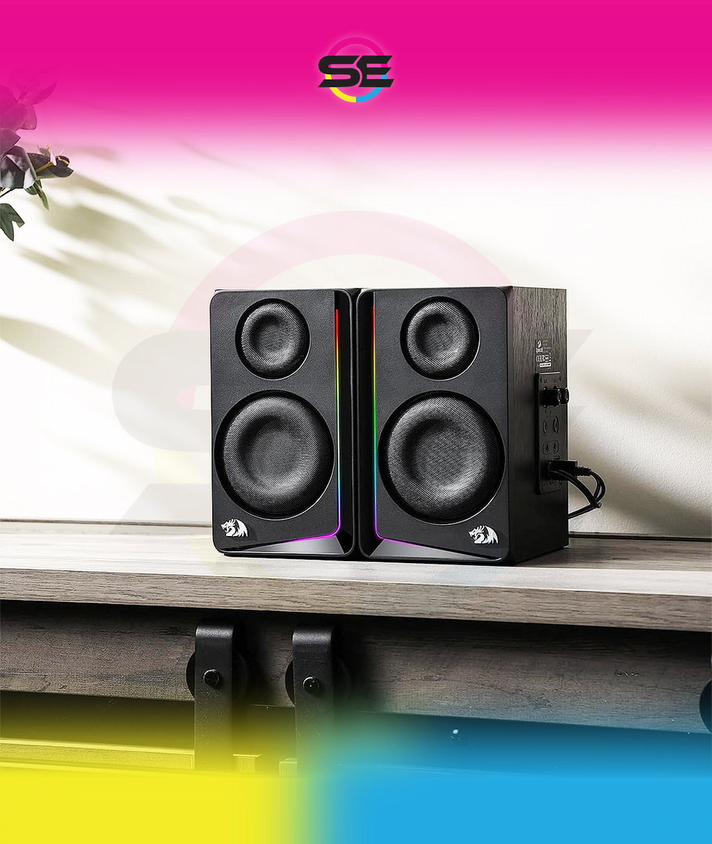 Redragon GS812 Wireless RGB Wooden Bookshelf Speakers – 2.0 Channel, 10W, 4x 3" Bass Drivers, BT5.0/AUX, Volume & Bass Knob, Headset & Mic Jacks, Dynamic RGB Bar – Black
