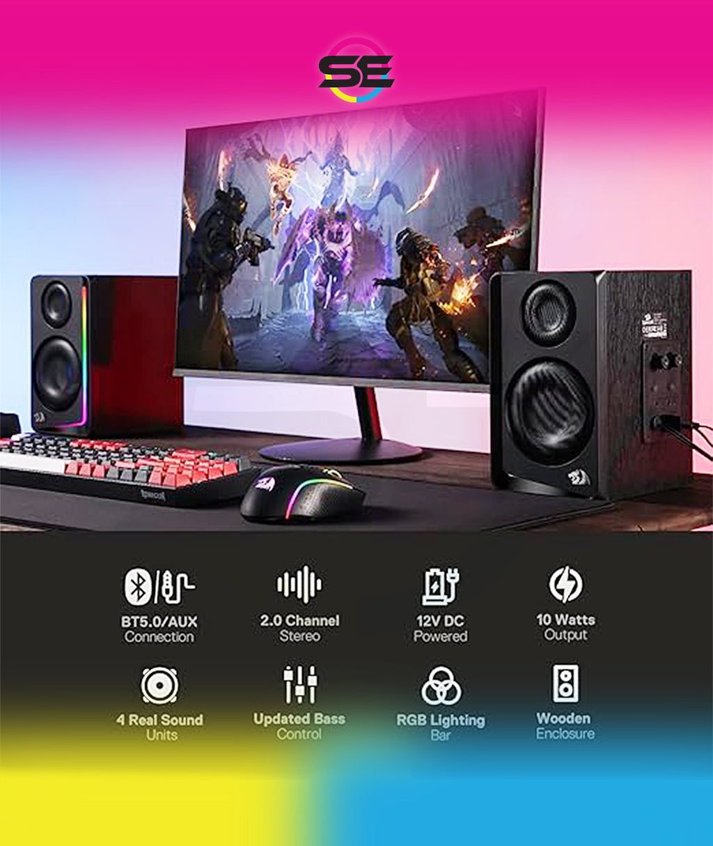 Redragon GS812 Wireless RGB Wooden Bookshelf Speakers – 2.0 Channel, 10W, 4x 3" Bass Drivers, BT5.0/AUX, Volume & Bass Knob, Headset & Mic Jacks, Dynamic RGB Bar – Black
