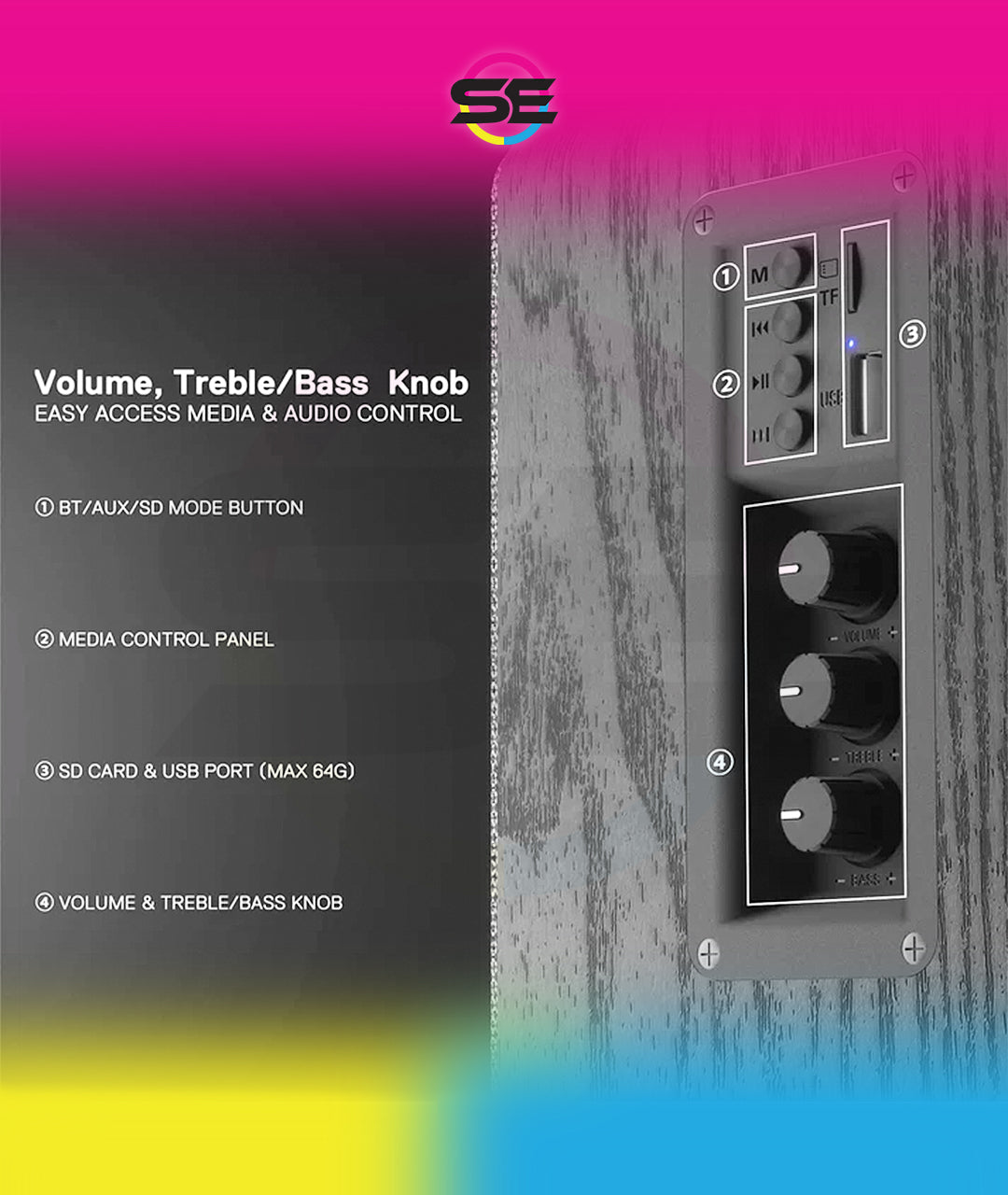 Redragon GS813 Wireless Desktop Bookshelf Speakers – 2.0 Channel, 20W DC, 3.5" Bass Drivers, BT5.0/AUX/SD Card/USB, Volume & Treble/Bass Knob, Media Control – Black Wood