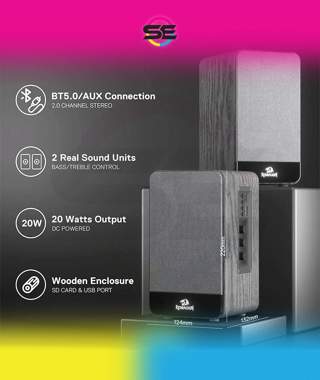 Redragon GS813 Wireless Desktop Bookshelf Speakers – 2.0 Channel, 20W DC, 3.5" Bass Drivers, BT5.0/AUX/SD Card/USB, Volume & Treble/Bass Knob, Media Control – Black Wood