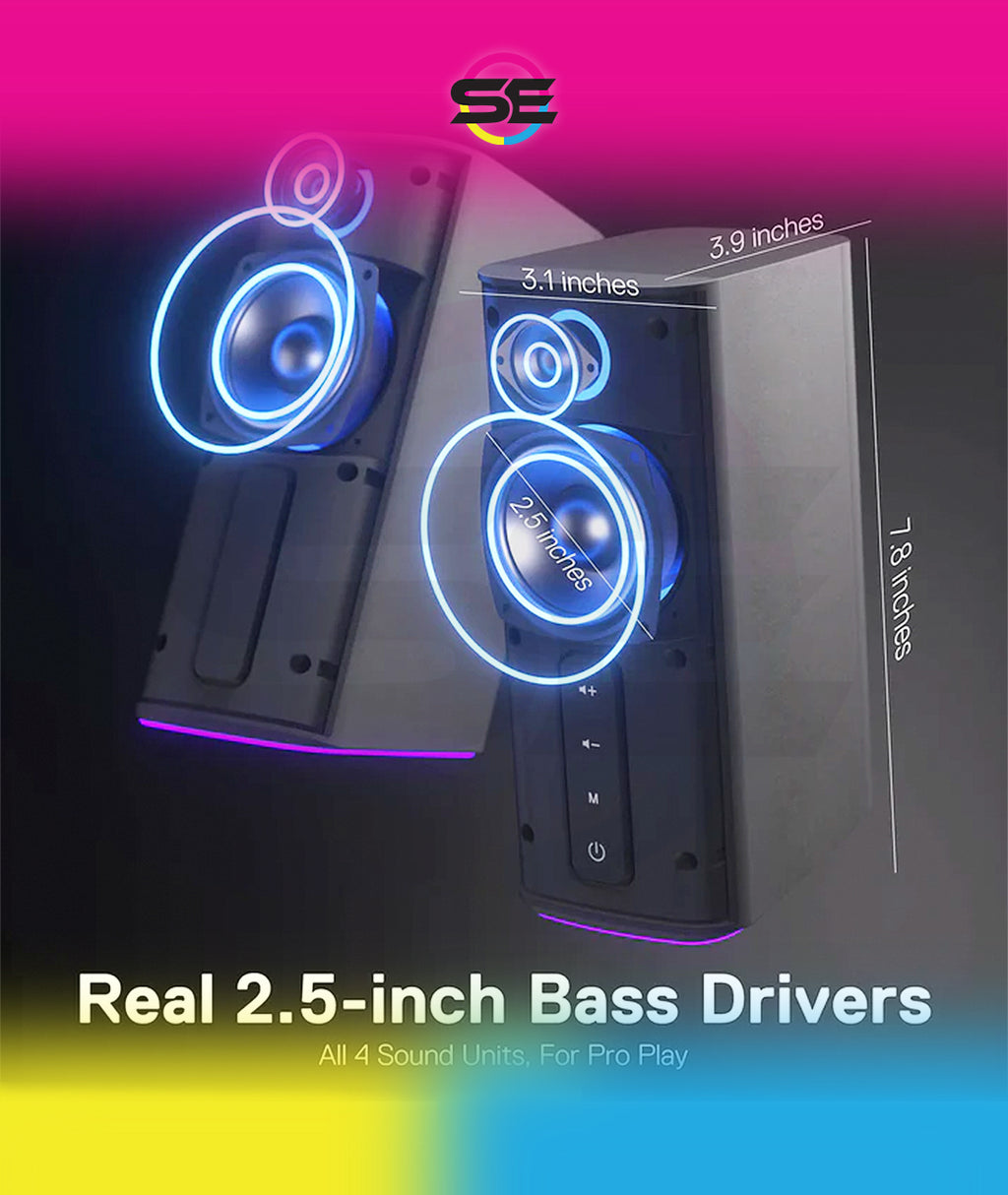 Redragon GS814 Stereo Desktop Speakers – 2.0 Channel, 20W DC, 4 Sound Units (2.5" + 3.1" Drivers), BT5.0/AUX, Touch Control, 4 RGB Base Modes – Black