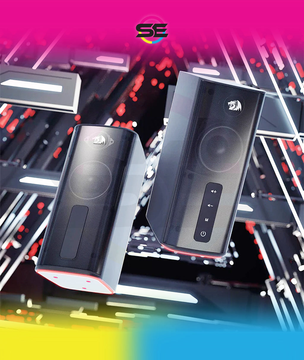 Redragon GS814 Stereo Desktop Speakers – 2.0 Channel, 20W DC, 4 Sound Units (2.5" + 3.1" Drivers), BT5.0/AUX, Touch Control, 4 RGB Base Modes – Black
