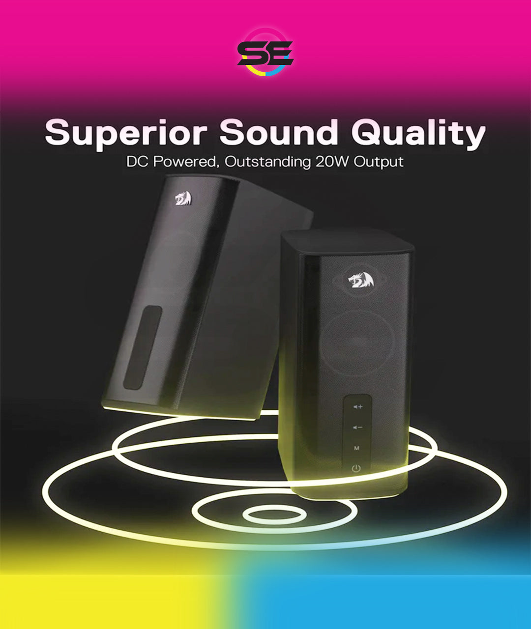 Redragon GS814 Stereo Desktop Speakers – 2.0 Channel, 20W DC, 4 Sound Units (2.5" + 3.1" Drivers), BT5.0/AUX, Touch Control, 4 RGB Base Modes – Black
