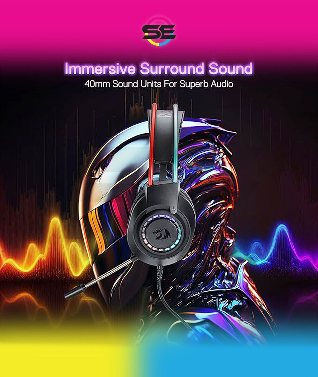 Redragon H231 SCREAM RGB Wired Gaming Headset – 40mm Drivers, Surround Sound, Retractable Headband, Memory Foam, 360° Noise-Canceling Mic, 250g Ultra-Light – Black/Red