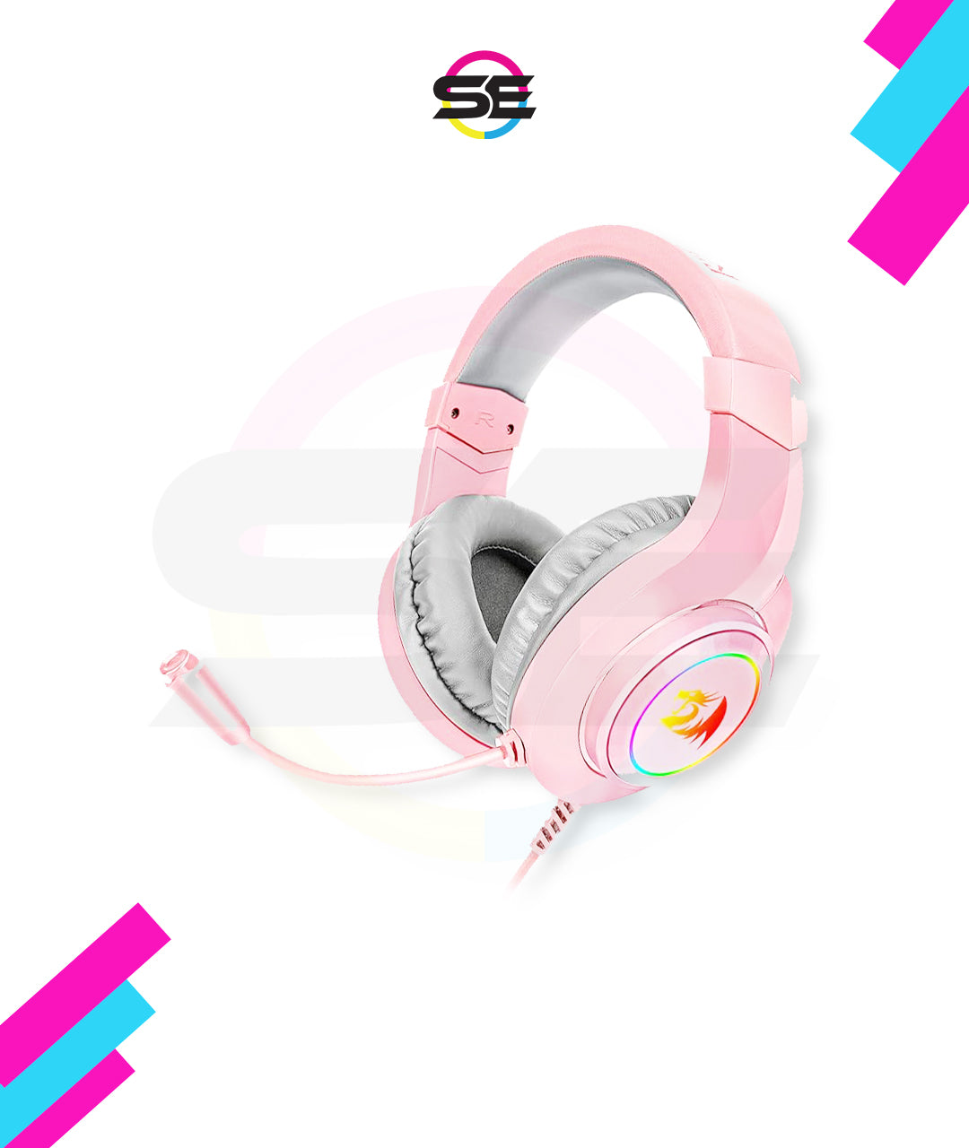 Redragon H260 HYLAS RGB Wired Gaming Headset – 50mm Drivers, Stereo Surround, 360° Omnidirectional Mic, Passive Noise Isolation, Rainbow RGB, 3.5mm + USB – Pink