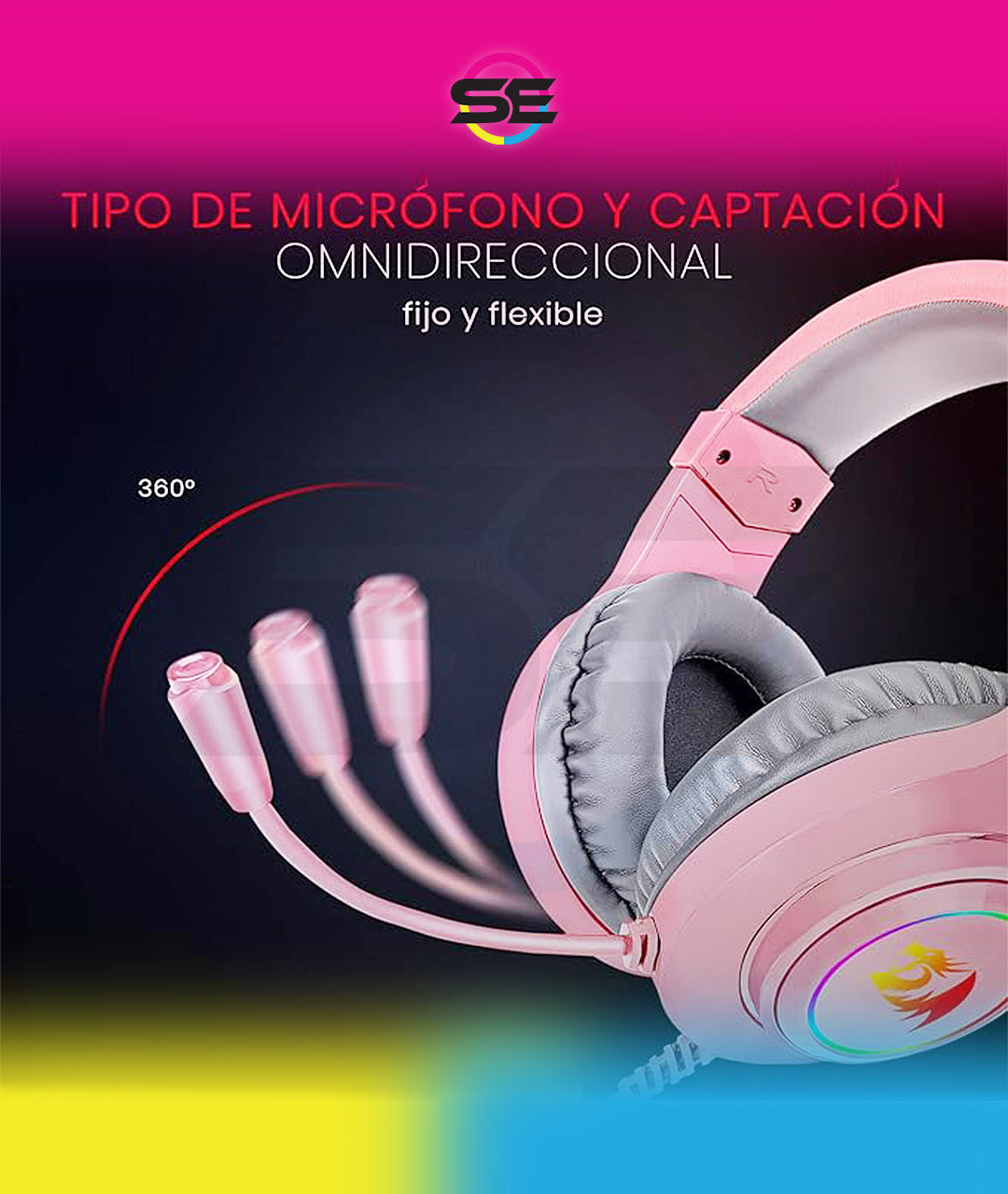 Redragon H260 HYLAS RGB Wired Gaming Headset – 50mm Drivers, Stereo Surround, 360° Omnidirectional Mic, Passive Noise Isolation, Rainbow RGB, 3.5mm + USB – Pink