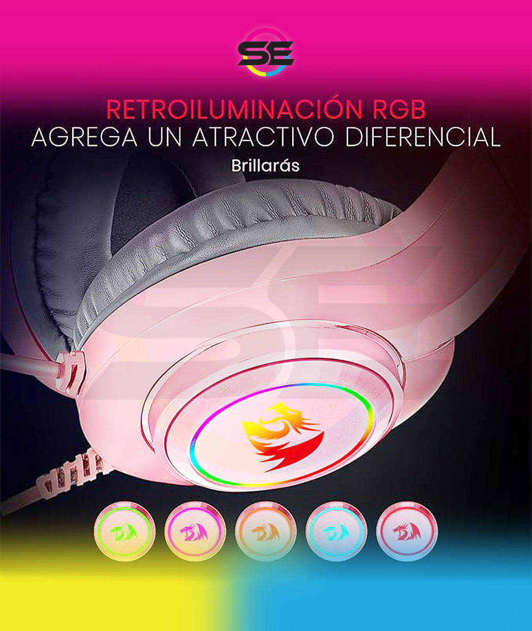 Redragon H260 HYLAS RGB Wired Gaming Headset – 50mm Drivers, Stereo Surround, 360° Omnidirectional Mic, Passive Noise Isolation, Rainbow RGB, 3.5mm + USB – Pink