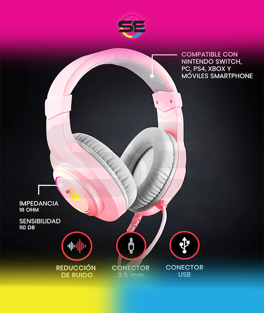 Redragon H260 HYLAS RGB Wired Gaming Headset – 50mm Drivers, Stereo Surround, 360° Omnidirectional Mic, Passive Noise Isolation, Rainbow RGB, 3.5mm + USB – Pink