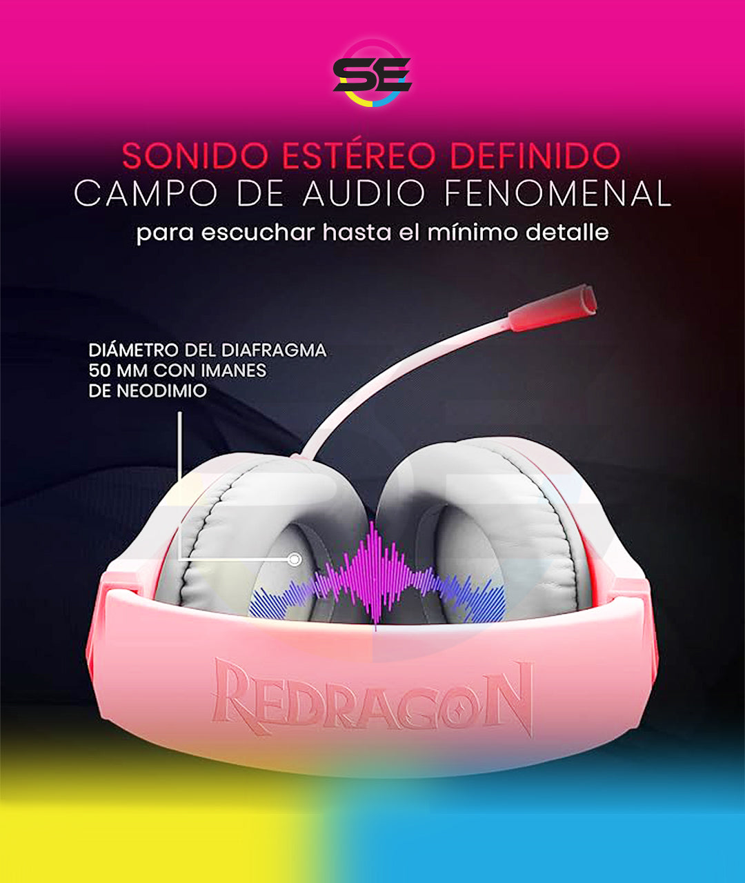 Redragon H260 HYLAS RGB Wired Gaming Headset – 50mm Drivers, Stereo Surround, 360° Omnidirectional Mic, Passive Noise Isolation, Rainbow RGB, 3.5mm + USB – Pink
