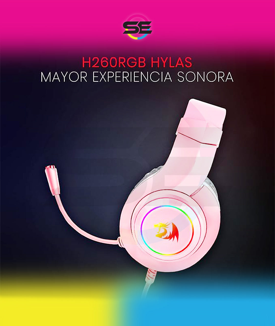 Redragon H260 HYLAS RGB Wired Gaming Headset – 50mm Drivers, Stereo Surround, 360° Omnidirectional Mic, Passive Noise Isolation, Rainbow RGB, 3.5mm + USB – Pink