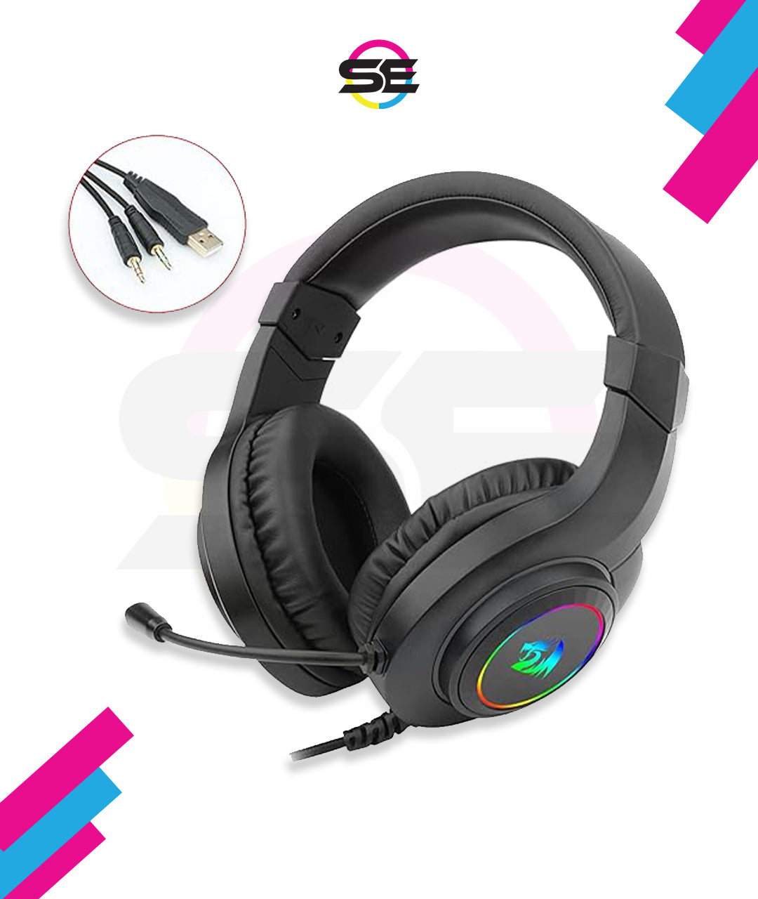 Redragon H260 HYLAS RGB Wired Gaming Headset – Rainbow RGB Ring, Leather Ear Cups, Flexible Gooseneck Mic, On-Cup Volume Slider, 3.5mm + USB – Black / White