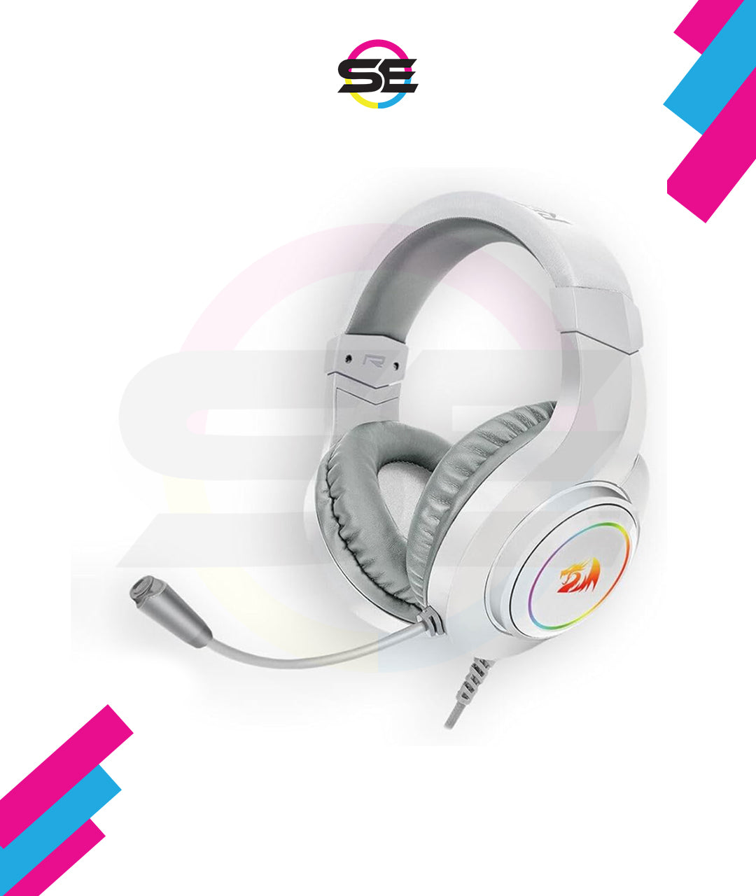 Redragon H260 HYLAS RGB Wired Gaming Headset – Rainbow RGB Ring, Leather Ear Cups, Flexible Gooseneck Mic, On-Cup Volume Slider, 3.5mm + USB – Black / White