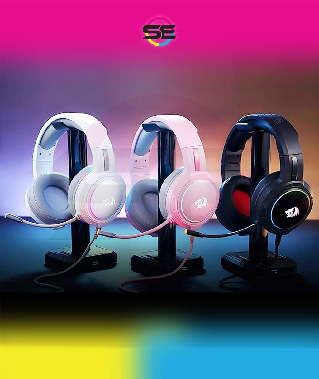 Redragon H270 MENTO RGB Wired Gaming Headset – Surround Sound, Rainbow RGB Dragon Logo, Detachable Boom Mic, Memory Foam Ear Pads, 3.5mm – Black / Pink / White