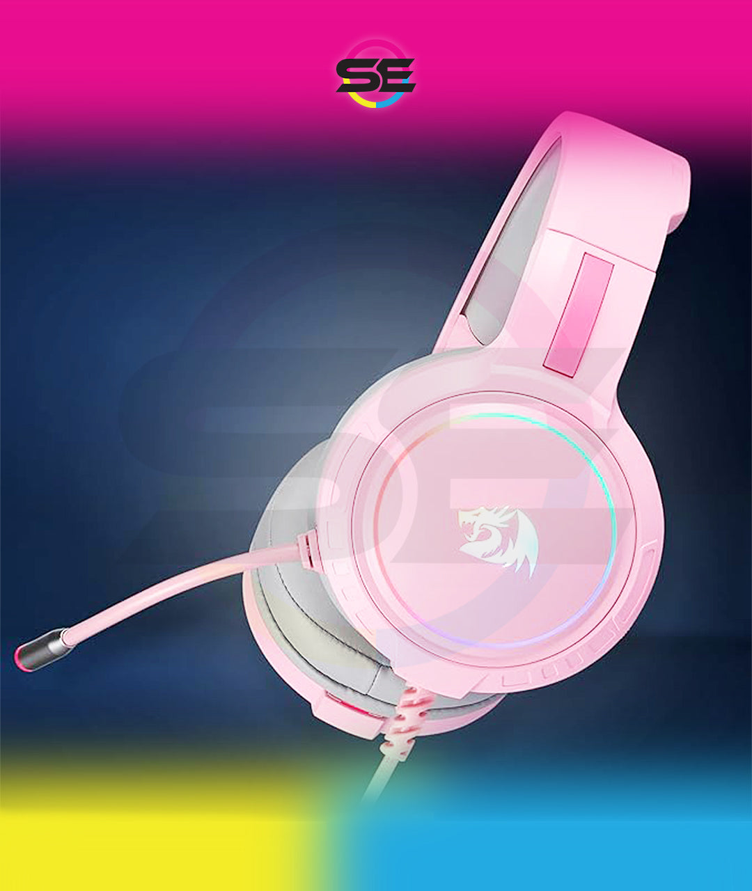 Redragon H270 MENTO RGB Wired Gaming Headset – Surround Sound, Rainbow RGB Dragon Logo, Detachable Boom Mic, Memory Foam Ear Pads, 3.5mm – Black / Pink / White