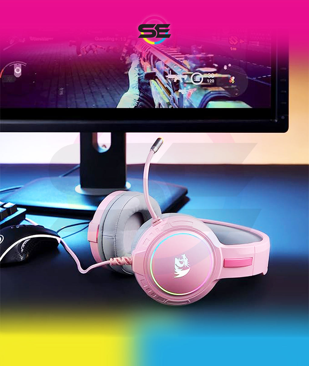 Redragon H270 MENTO RGB Wired Gaming Headset – Surround Sound, Rainbow RGB Dragon Logo, Detachable Boom Mic, Memory Foam Ear Pads, 3.5mm – Black / Pink / White