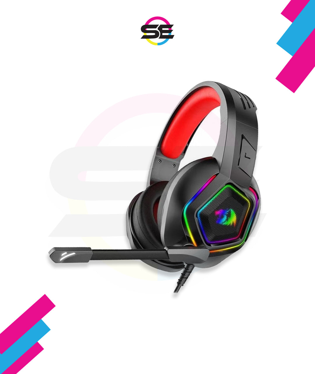 Redragon H280 MEDEA RGB Wired Gaming Headset – Stereo Sound, Hexagonal Mesh Cup, Rainbow RGB Dragon Logo, Detachable Boom Mic, Red Leather Ear Pads – Black/Red