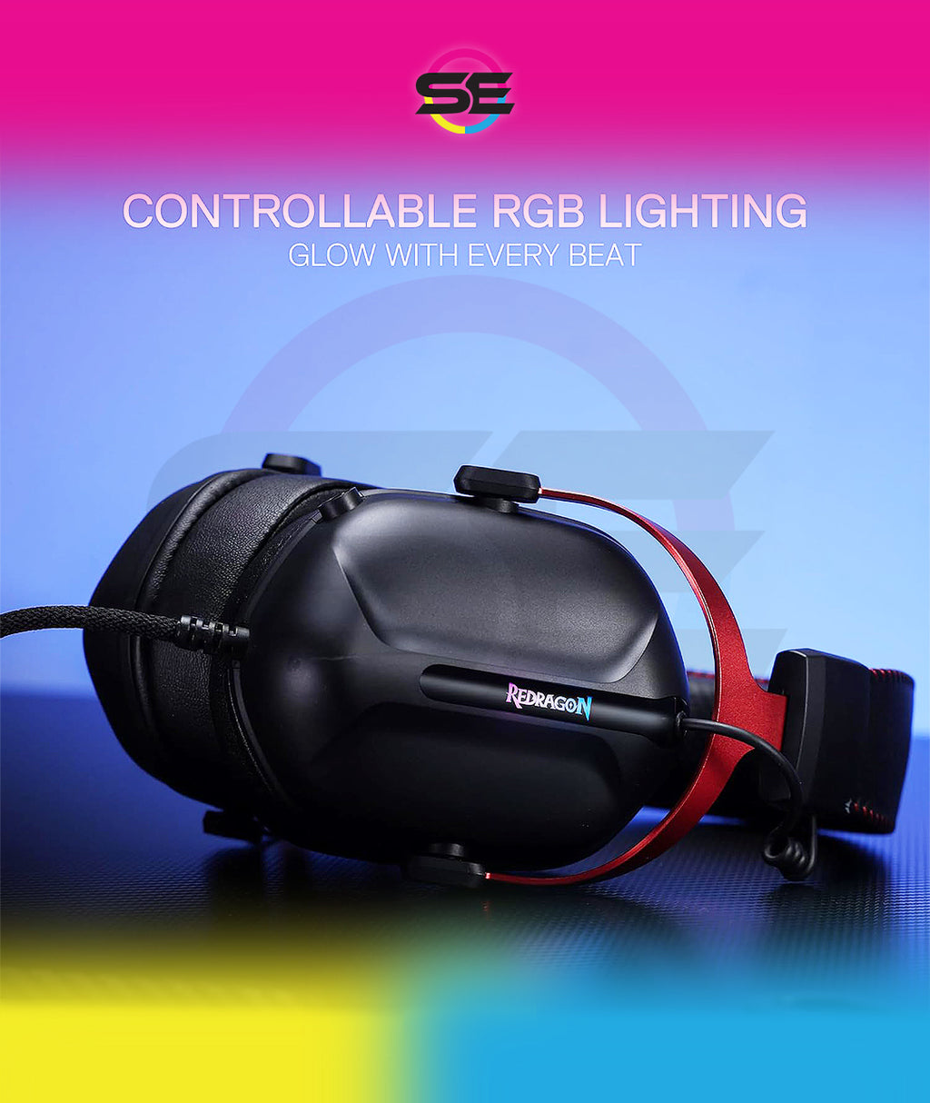 Redragon H312 CYBILL Virtual 7.1 Surround RGB USB Wired Gaming Headset – 50mm Drivers, Detachable Boom Mic, In-Line Control, Adjustable Ear Cup, Mesh Leather Headband – Black/Red