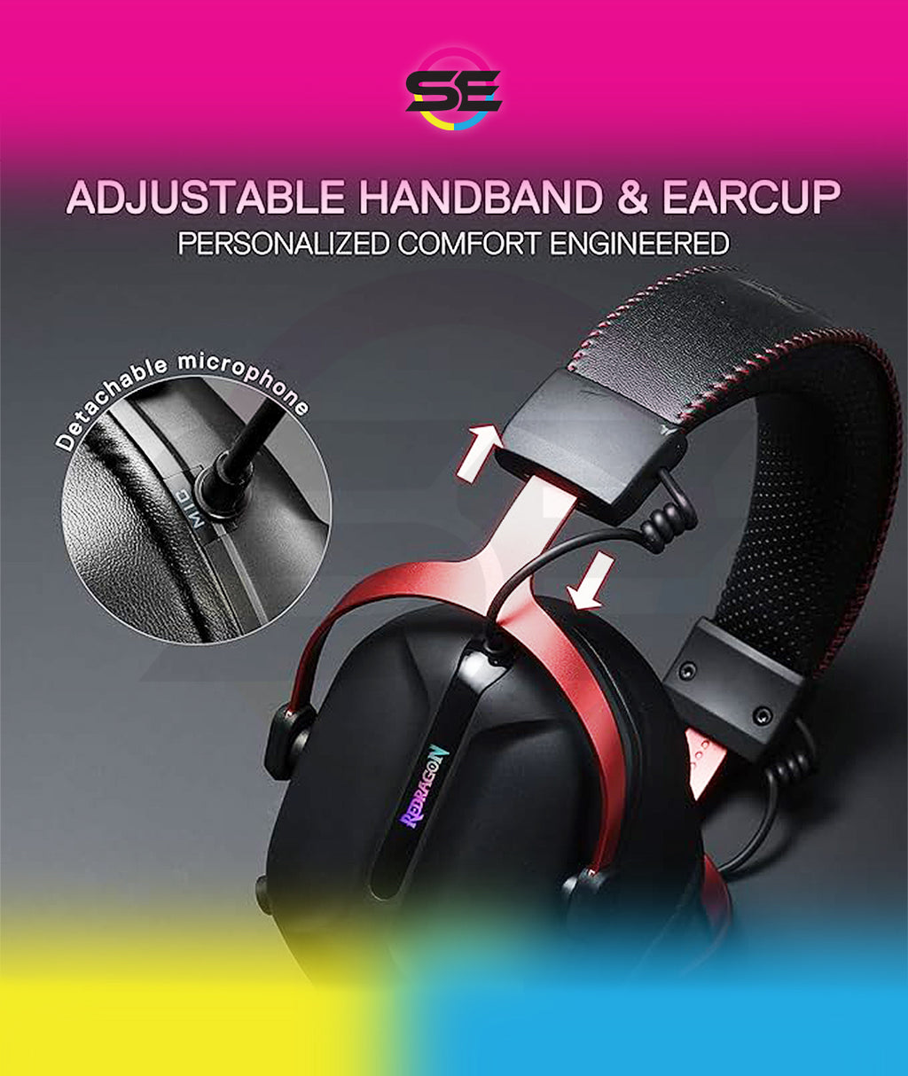 Redragon H312 CYBILL Virtual 7.1 Surround RGB USB Wired Gaming Headset – 50mm Drivers, Detachable Boom Mic, In-Line Control, Adjustable Ear Cup, Mesh Leather Headband – Black/Red