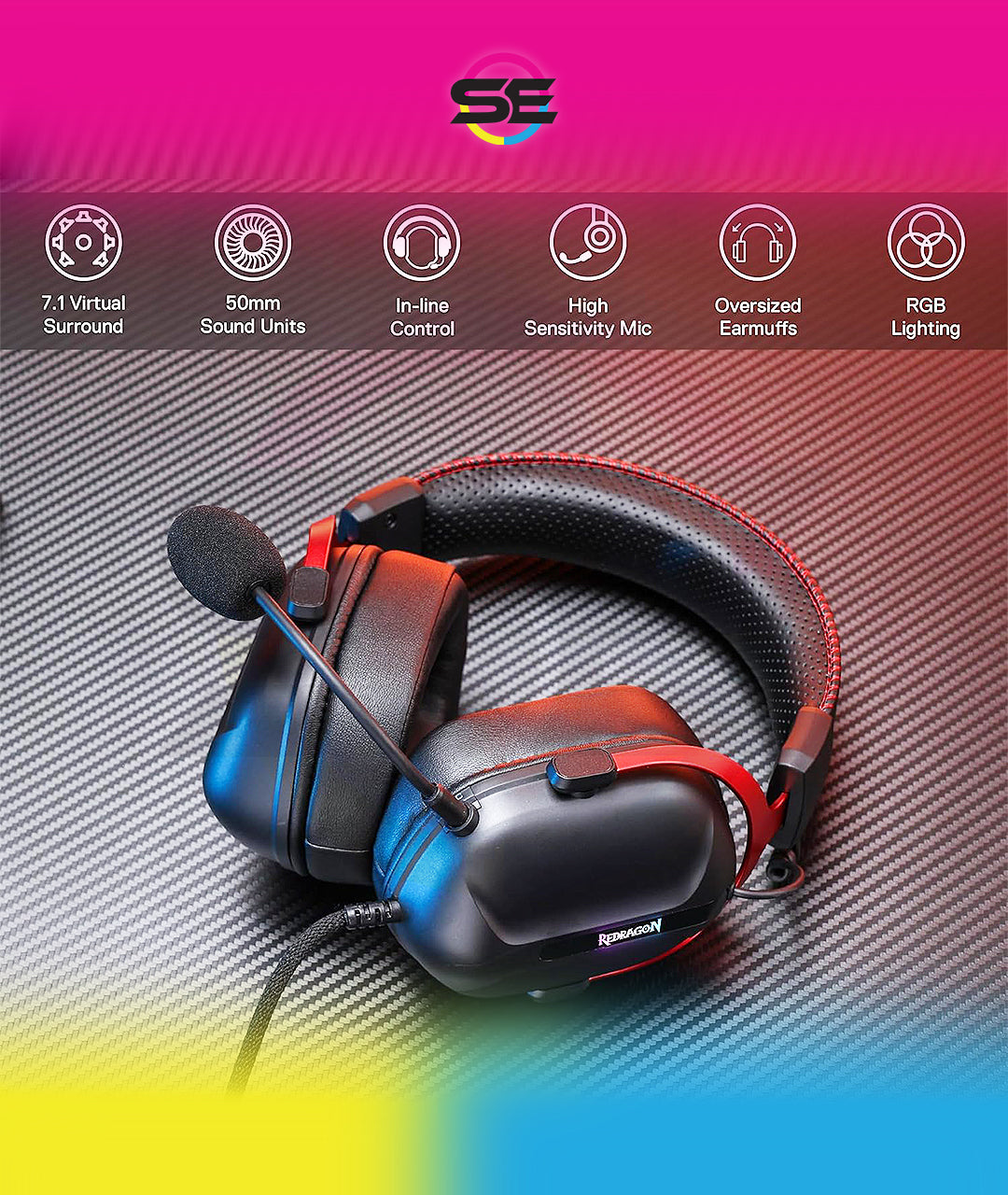 Redragon H312 CYBILL Virtual 7.1 Surround RGB USB Wired Gaming Headset – 50mm Drivers, Detachable Boom Mic, In-Line Control, Adjustable Ear Cup, Mesh Leather Headband – Black/Red