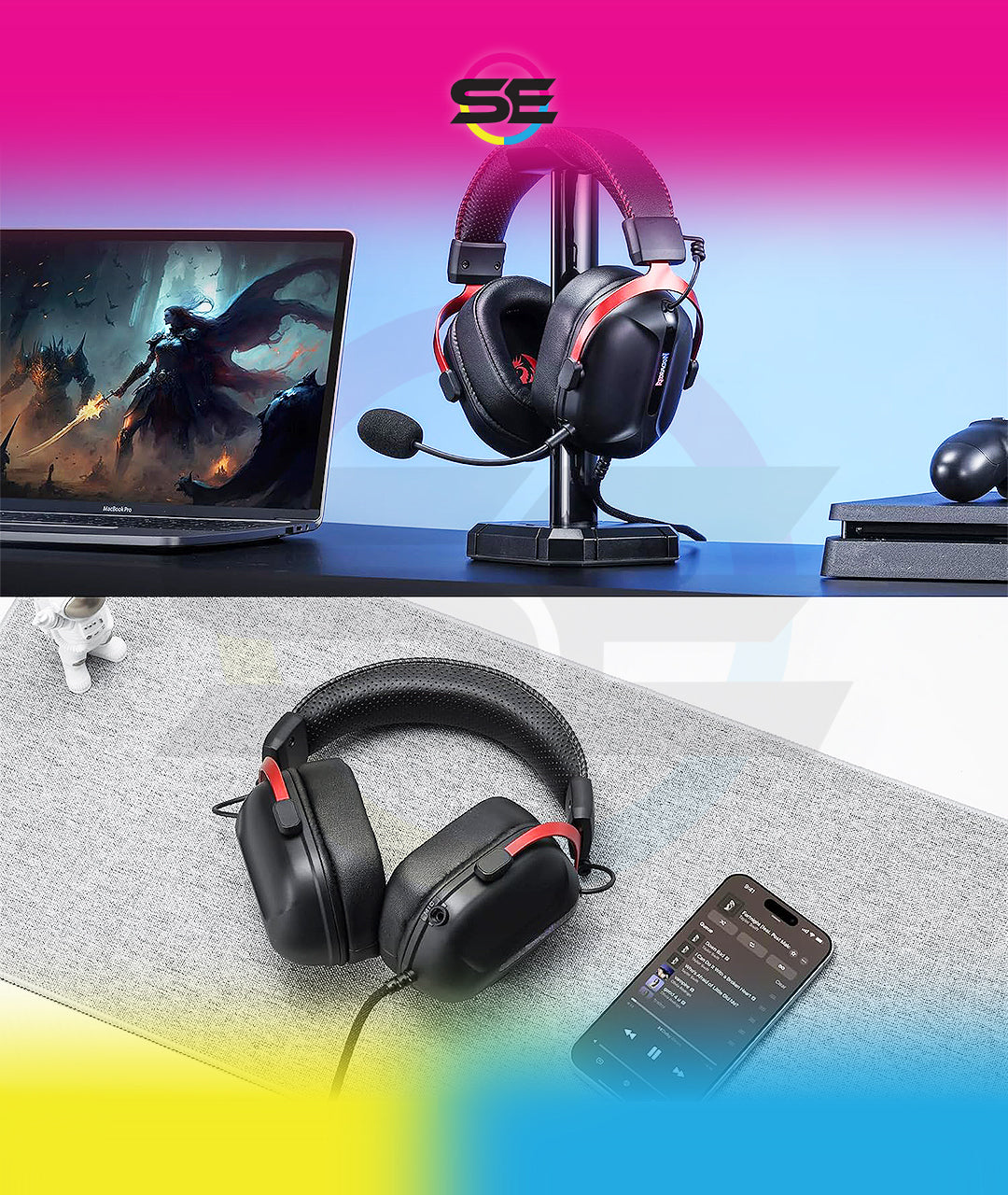 Redragon H312 CYBILL Virtual 7.1 Surround RGB USB Wired Gaming Headset – 50mm Drivers, Detachable Boom Mic, In-Line Control, Adjustable Ear Cup, Mesh Leather Headband – Black/Red
